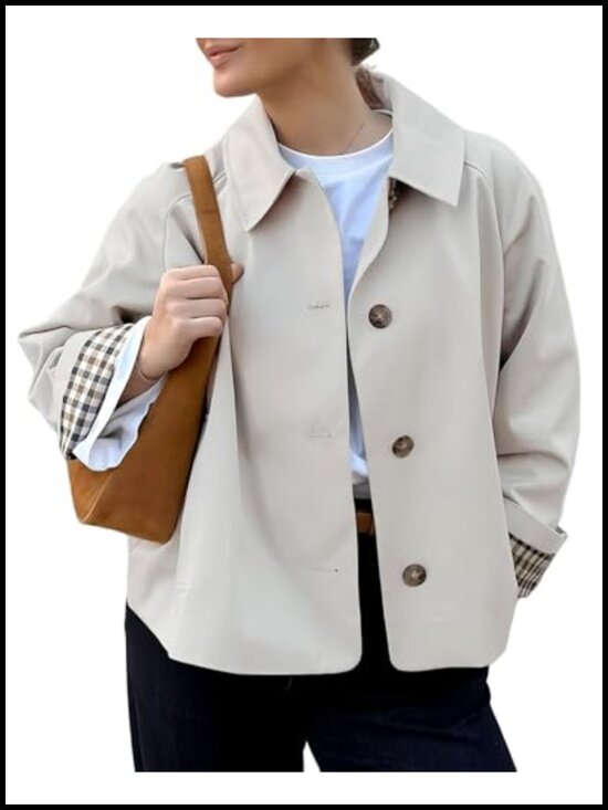 Jackets & Blazers - Cropped Trench Coat Single Breasted Lightweight Loose Fit Plaid Lining